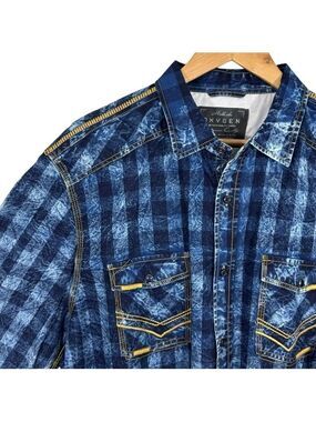 Oxygen Faux Denim Plaid Western Shirt Mens XXL Blue Rodeo Y2K Flashy Acid Wash